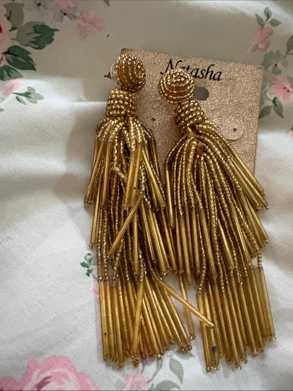 Natasha Couture Gold Layered Beaded Tassel Earrings